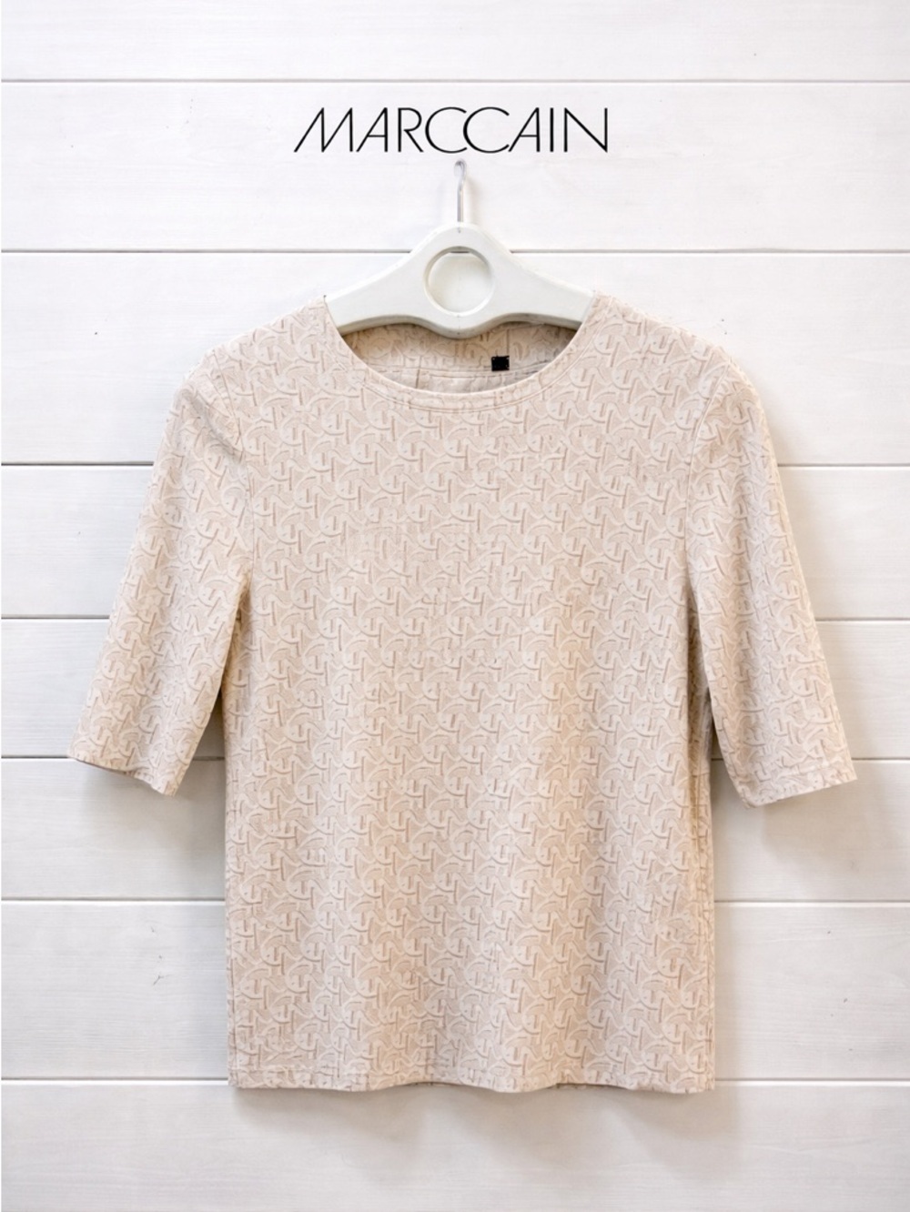 MARC CAIN Beige Monogram Short Sleeve Top Size N1/34